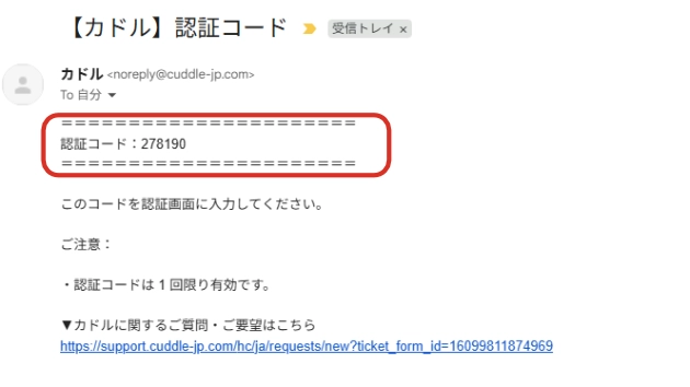 メール上部の6桁の数字が認証コード